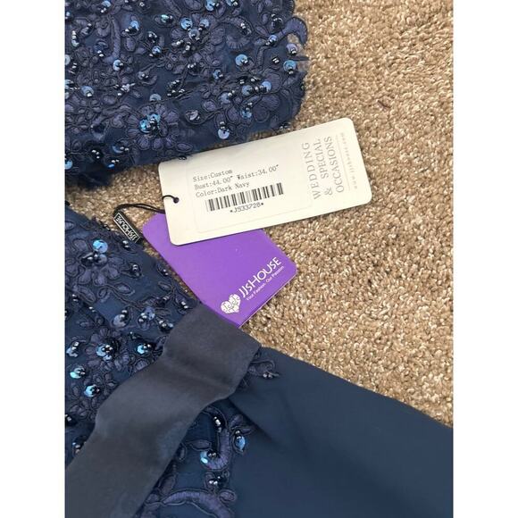 JJ's House A-line Boat Neck Illusion Maxi Lace Chiffon Dress Sequins Navy Blue - Picture 5 of 9